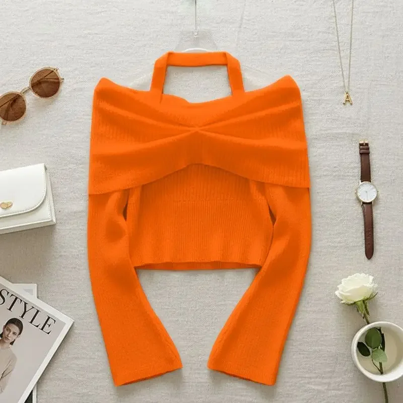 Ladies Orange Ribbed Knit Jumper Off Shoulder Halter Twist Front Long Sleeve Cropped Slim Sexy Casual Crop Top Autumn Winter