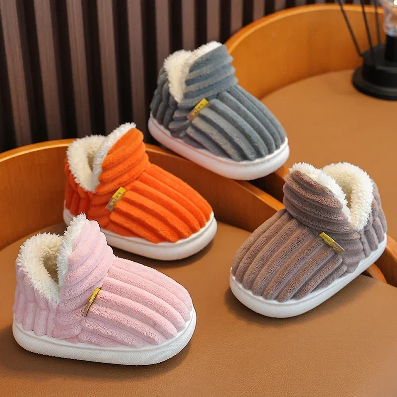 New Winter Simplicity Stripe Plush Slippers Children\'s Non-slip Soft Sole Kids Boys Girls Heel Wrap Warm High Home Cotton Shoes