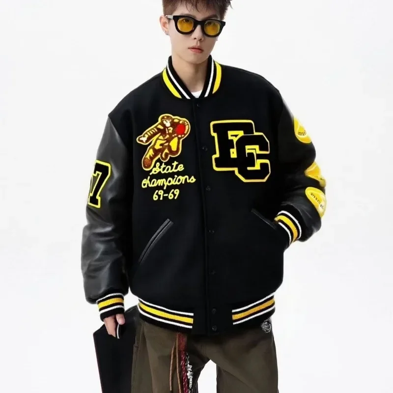 

Luxury Embroidery Varsity Jackets Men Spliced PU Leather Sleeves Baseball Bomber Jackets Streetwear Spring Autumn Men Clothing