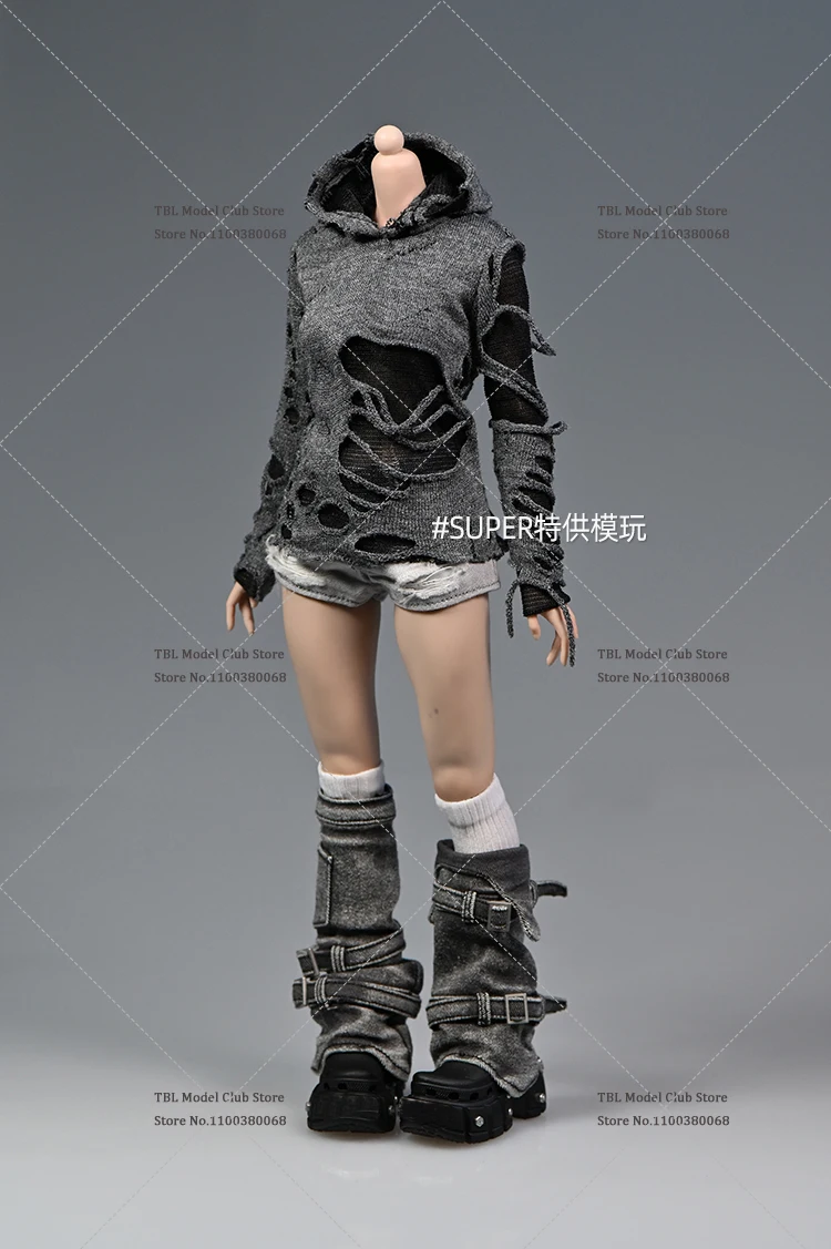 In Stock 1/6 Scale Female Soldier Hip Hop Wasteland Style Black Grey Ripped Pullover For 12inch Action Figure Doll