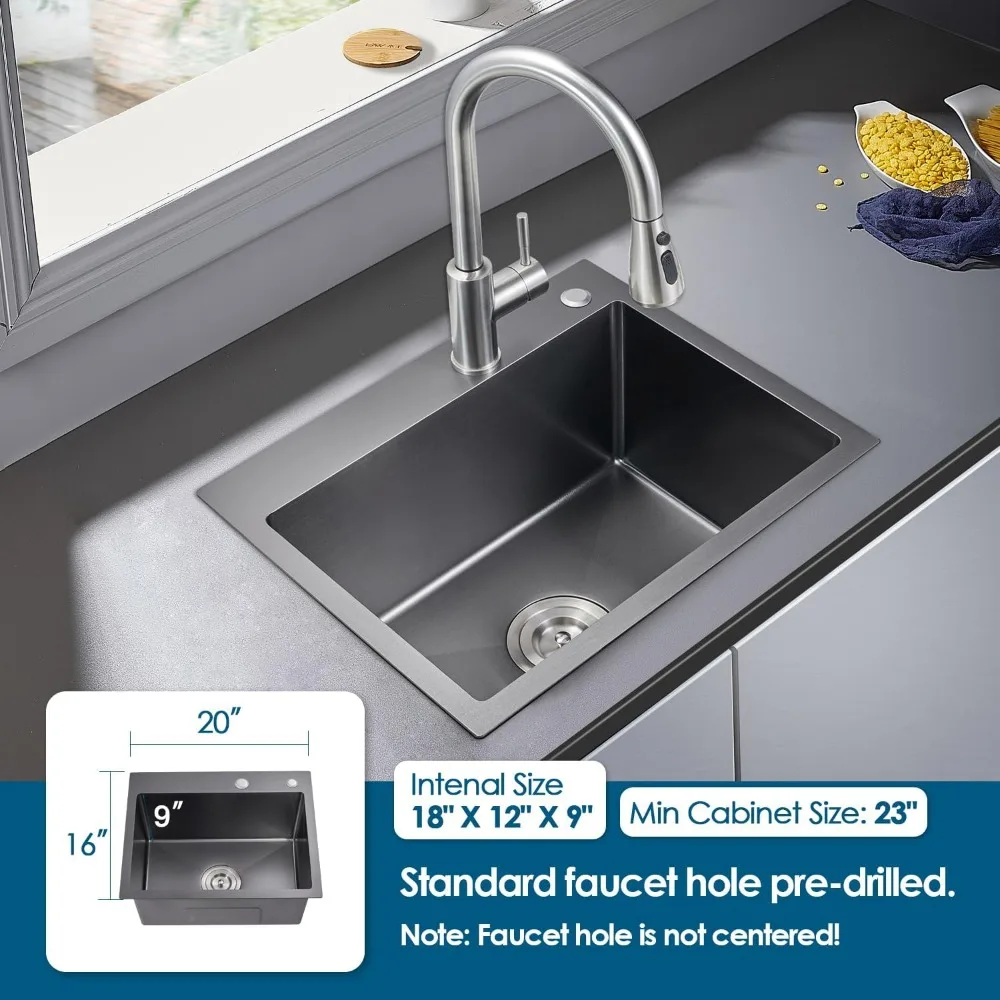 حوض مطبخ ستانلس ستيل، 20 × 16 × 9، وعاء فردي، حامل علوي، حوض إعداد مصنوع يدويًا للمساحات الصغيرة