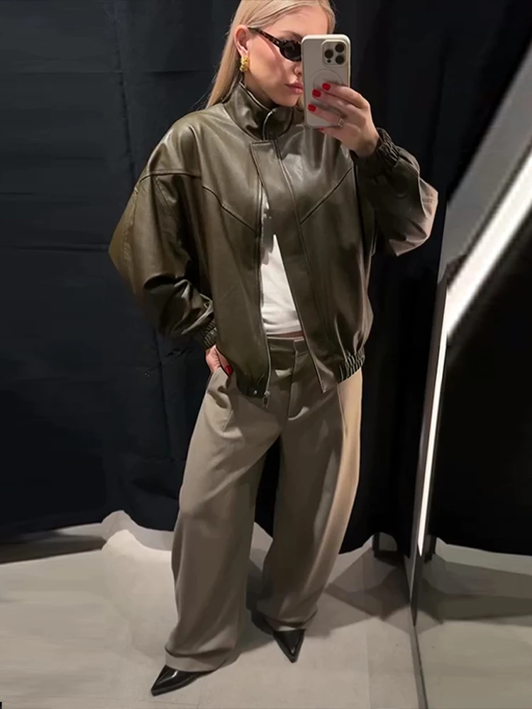 Giacca bomber da strada in ecopelle da donna colletto alla coreana cerniera tasca a maniche lunghe cappotto solido femminile tagliente casual capispalla da donna 2026