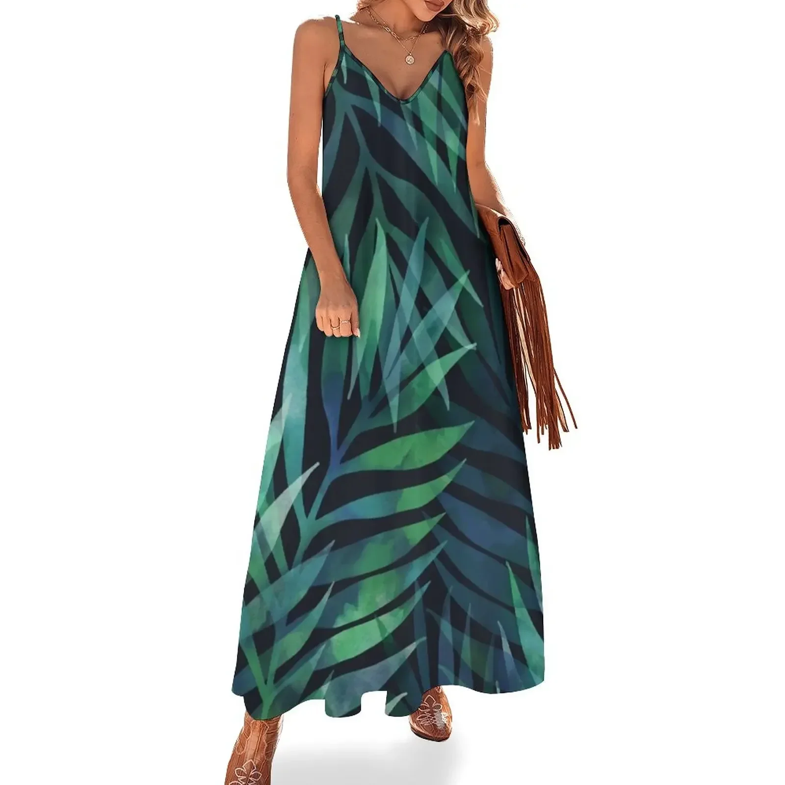 

Dark green palms leaves pattern Sleeveless Dress Women long dress womans clothing elegant dress