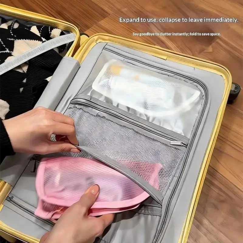 Wasserdichte, selbststehende Kosmetiktasche mit großer Kapazität und mehreren Netztaschen für Reisen – Detail 5