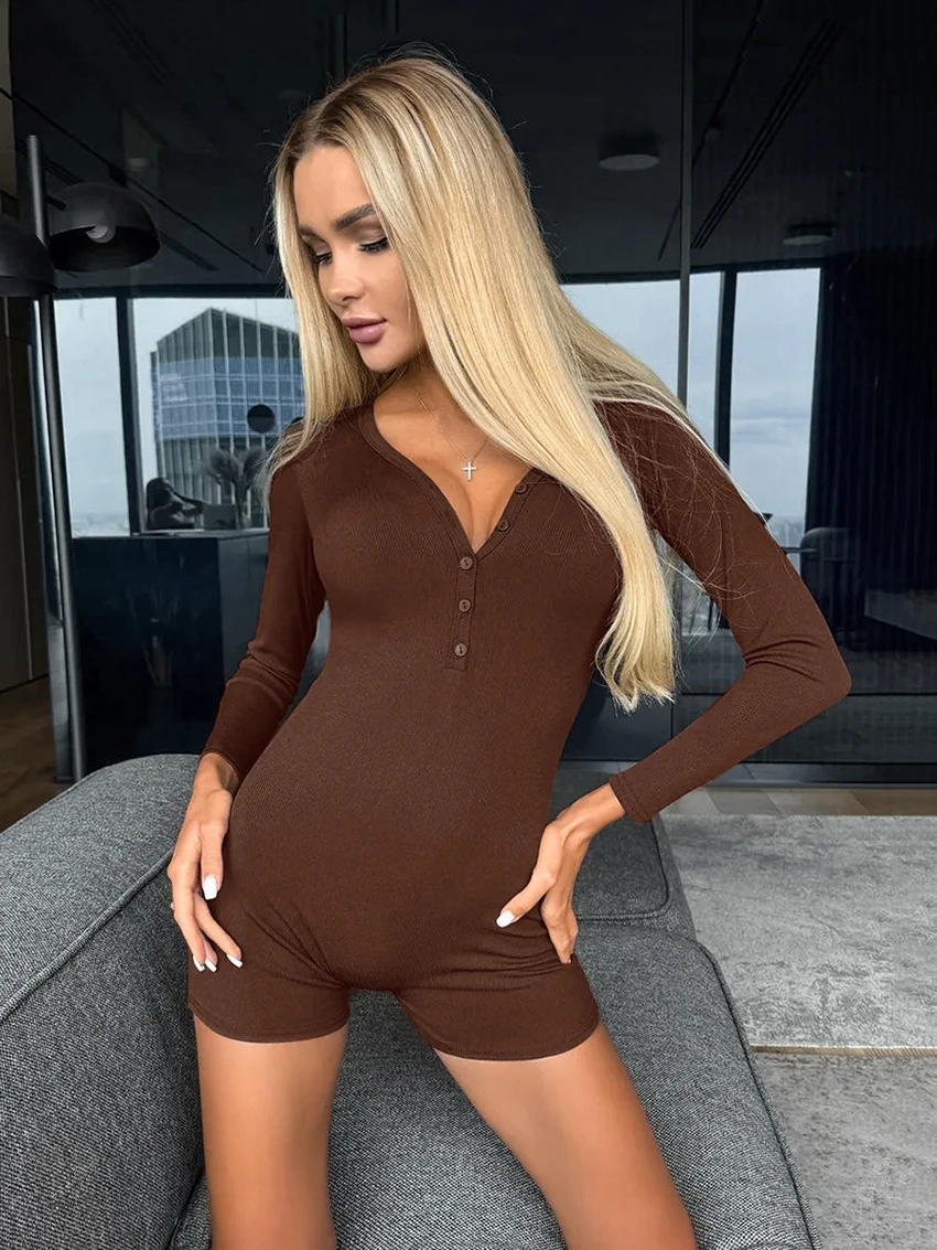 Marthaqiqi 2025 New Autumn Female Nightgowns Sexy V-Neck Nightgowns Long Sleeve Nightwear Casual Breathe Freely Women Jumpsuits