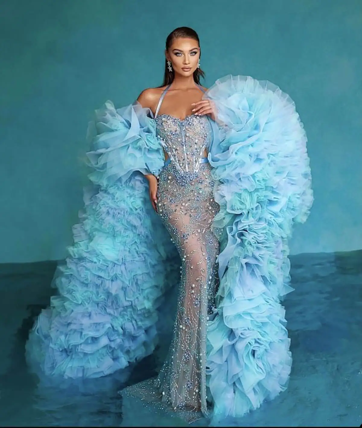 Fashion Mermaid Women Prom Dresses Sweetheart Halter Gown With Jacket Beads Sequins Ruffles Dress For Party Custom Made