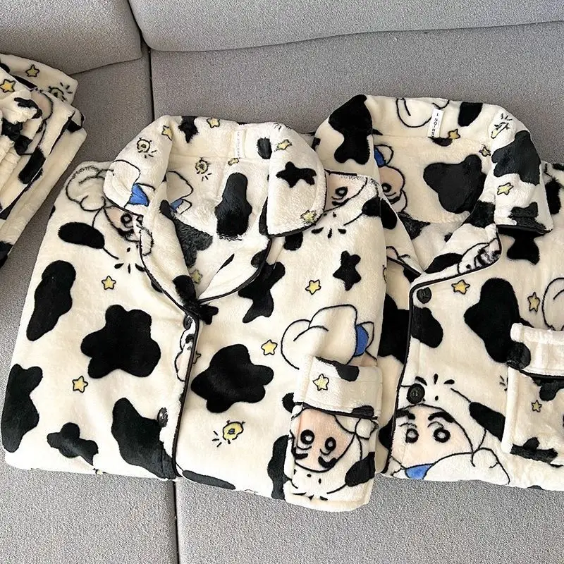 Unisex New Fashion Cow Print Crayon Shin-Chan Flannel Pajama Set Soft Warm Lapel Sleepwear Funny Winter Home Loungewear