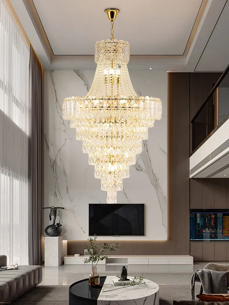 

2024 K9 Crystal Clear Amber Grey LED Chandelier Staircase Large Size Hanging Light Suspension Luminaire Lampen For Living Room