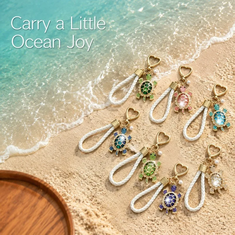 Braided Wrist Strap Turtle Keychain Rhinestone Tortoise Charm Key Holder Cute Bag Pendant for Daily Beach Travel Decor Gift