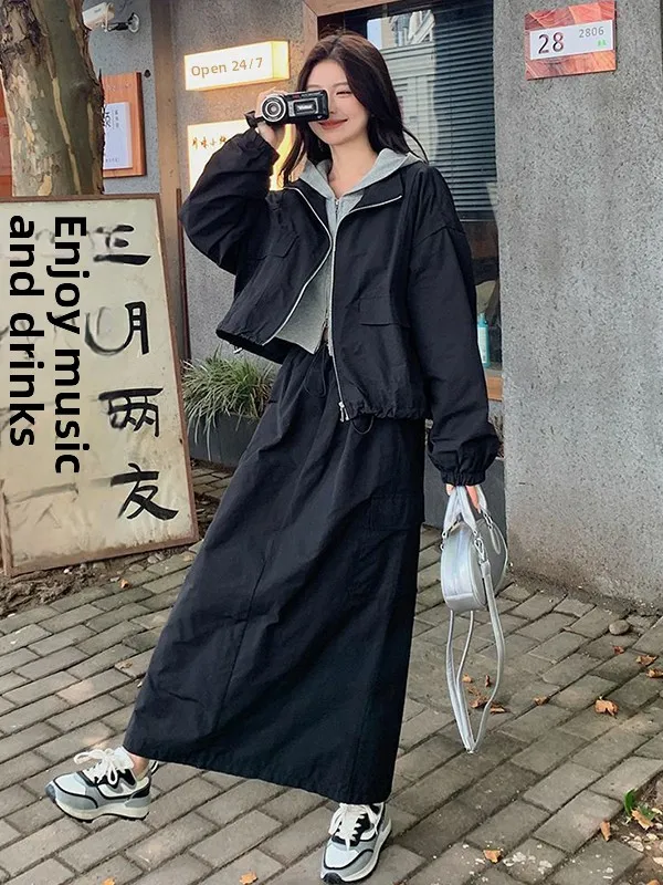 

Комплект женской верхней одежды больших размеров для весны: модный, стройнящий, с защитой от солнца, юбка с высокой талией, длинный рукав, застежка-молния, А-силуэт