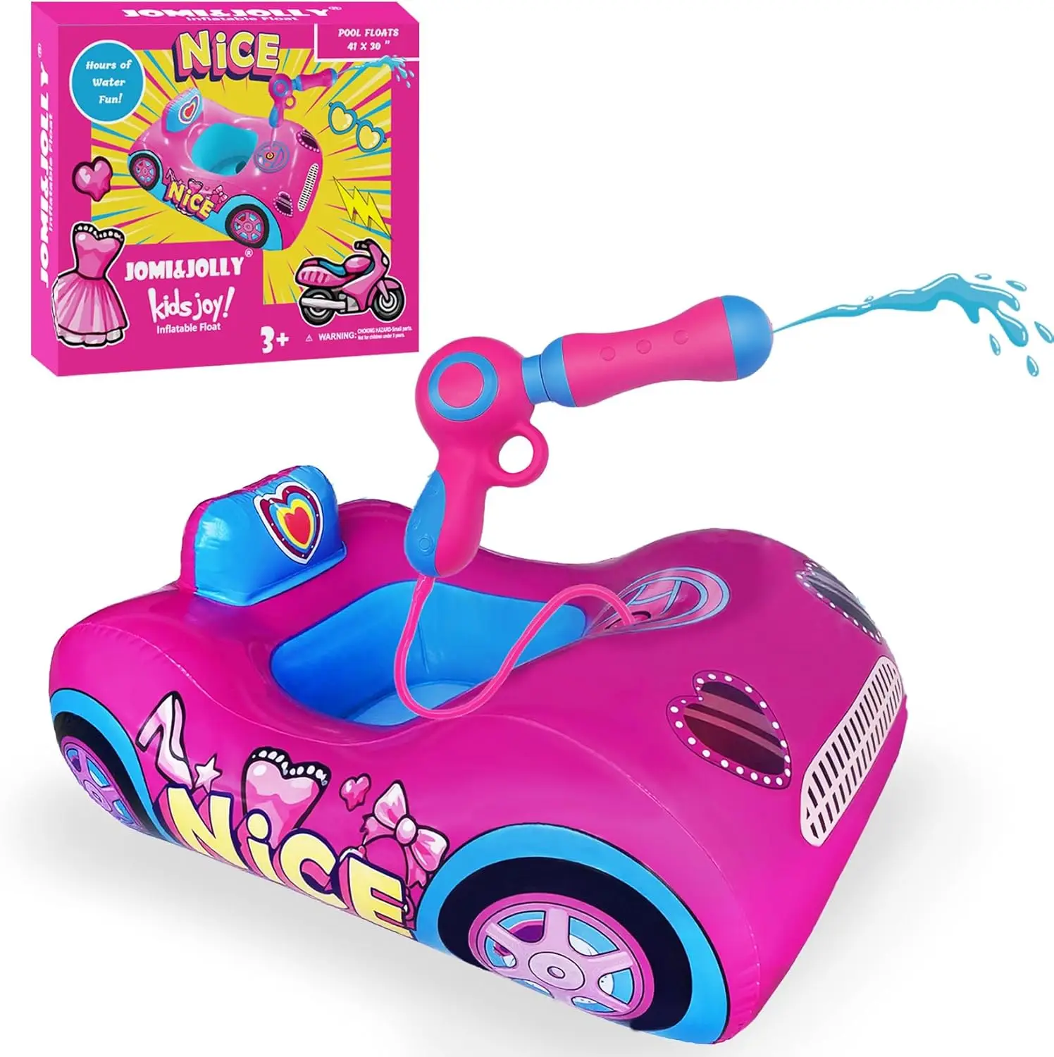 Pink Water Gun Princess Pool Float with 3-Layer Safety Seat, Fun Summer Outdoor Toy for Ages 3-8, Repair Patches Included