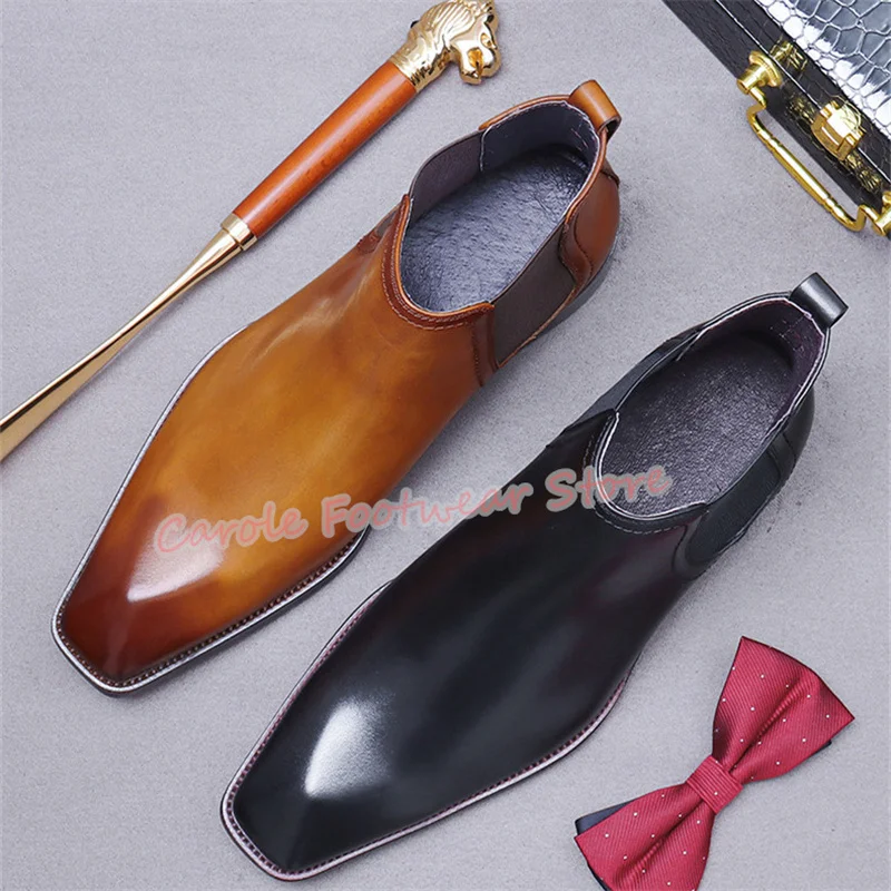 Fashion Diamond Toe High Top Male Chelsea Boots Handmade Genuine Leather Chunky Heel Slip-On Ankle Boots Men's Party Dress Shoes