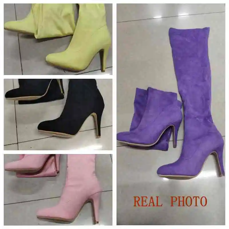 ORCHA LISA 2022 Thigh High Boots Color Over The Knee 9.5cm Purple Pink Big Size 43 14 Long Booties Flock Pointed Toe