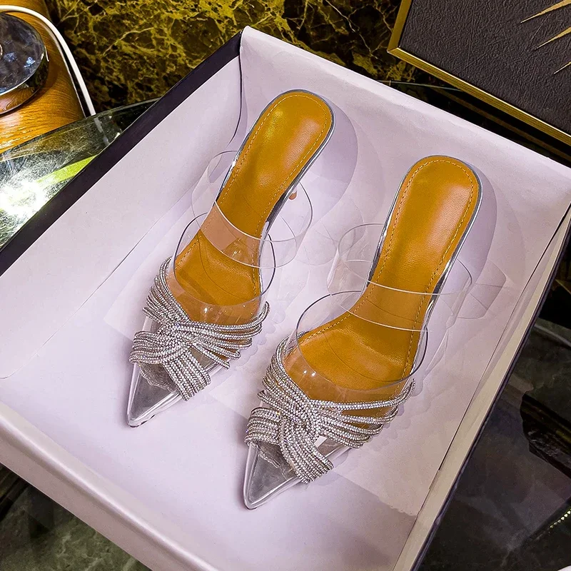 2024 Summer new pointed transparent sparkling rhinestone sandals for women, wearing high heeled slippers on top of the bag