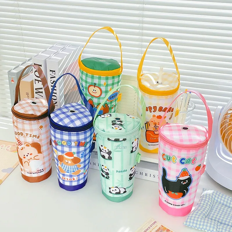 IInsulated Portable Milk Tea Tote Bag Heat Preservation Crossbody Handbag with Hanging Rope Canvas Water Cup