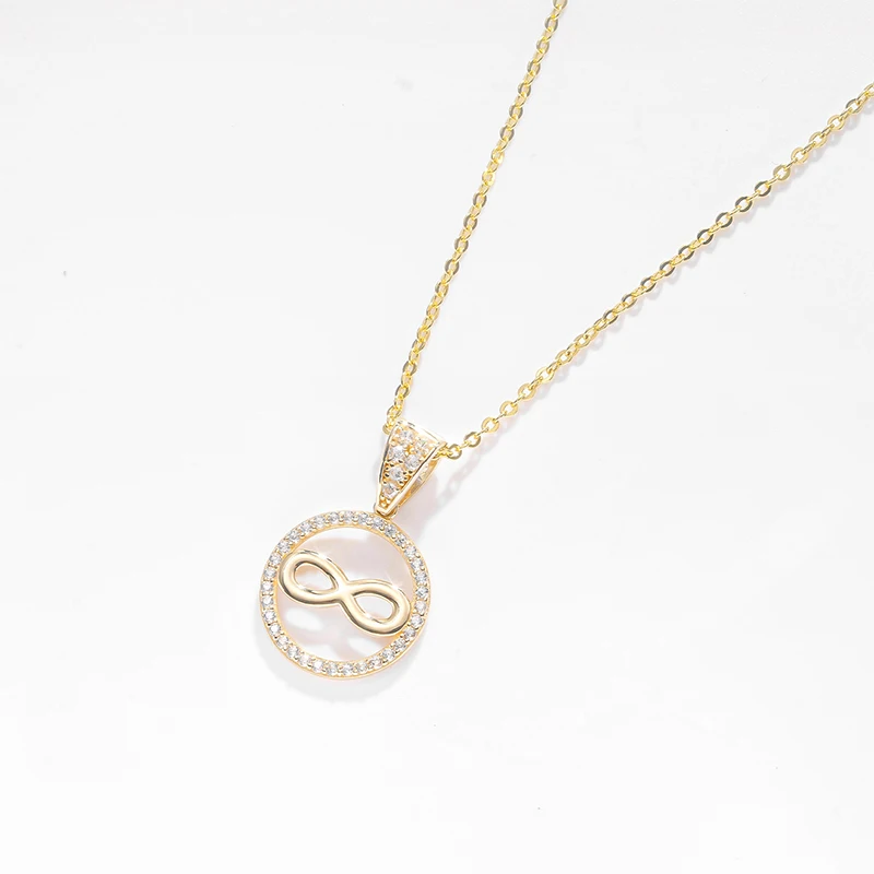 Raprgold 14K Solid Gold Cubic Zirconia Infinity Pendant with 925 Silver Link Chain 20'' Lnner Double Ring Shaped Necklace