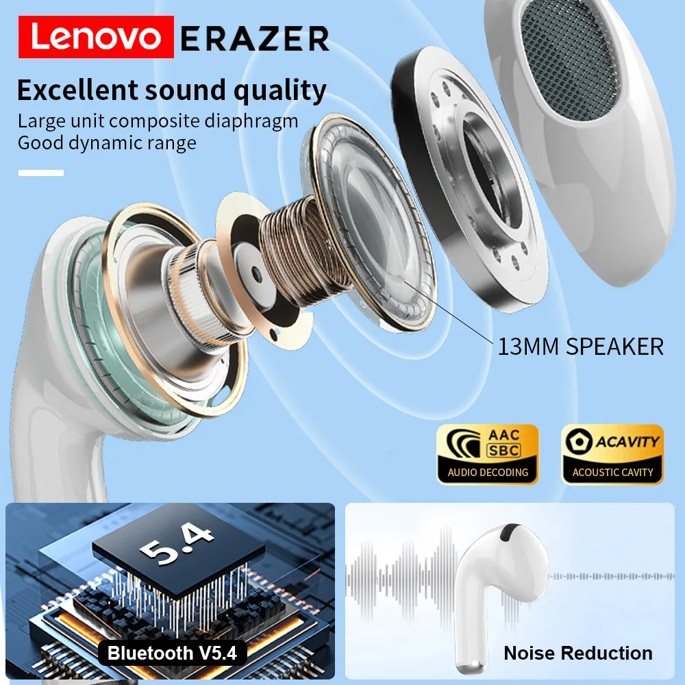 سماعات Lenovo ERAZER الأصلية بتقنية البلوتوث اللاسلكية بتقنية البلوتوث، سماعة رأس LED كاملة الألوان، شاشة لمس ذكية