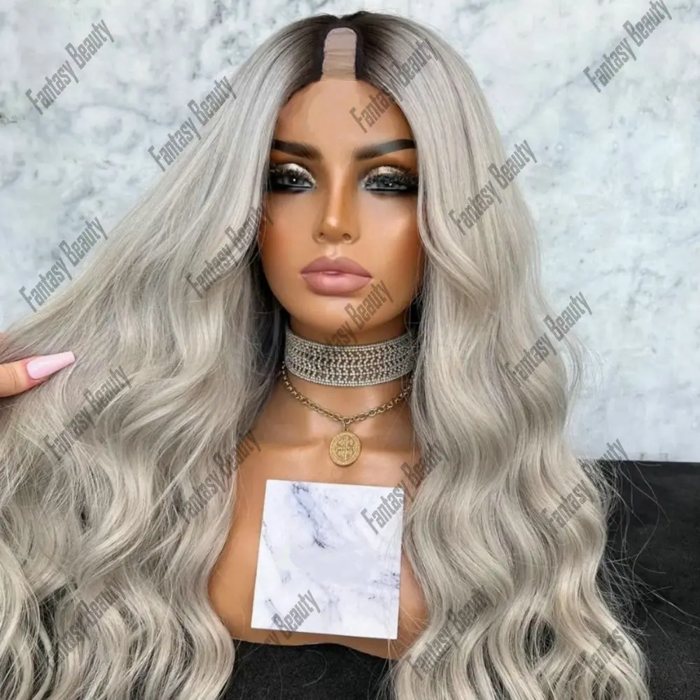 

V Part Wigs 100% Human Hair for Women Loose Wavy Grey Blonde Ombre Wigs Glueless Easy Wear1*4 Size U Shaped Part Wig Human Hair