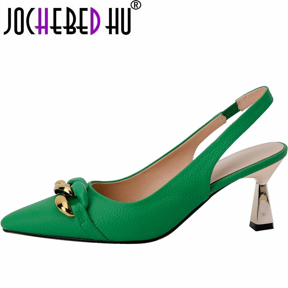 【JOCHEBED HU】Brand Genuine leather pointed toe stiletto thin high heels French romantic basic design chic elegant shallow 33-43