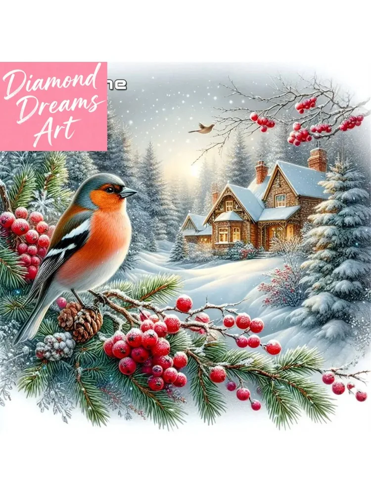Frameloos, diamantmozaïek huislandschap winter doe-het-zelf acryl knutselbenodigdheden schilderij vogel boom handwerk huisdecoratie - afbeelding 2