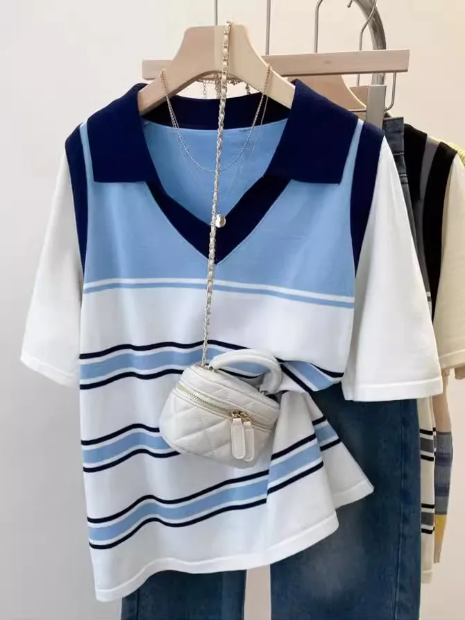 Женская модная полосатая футболка больших размеров, летняя свободная утягивающая футболка irt V-Ne, искусственный вязаный топ из двух предметов