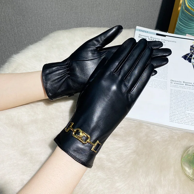 Genuine Leather Gloves Women Plush Touch Screen Driving Cycling Warm Windproof guantes Sheepskin Full Finger Light luxury Gloves