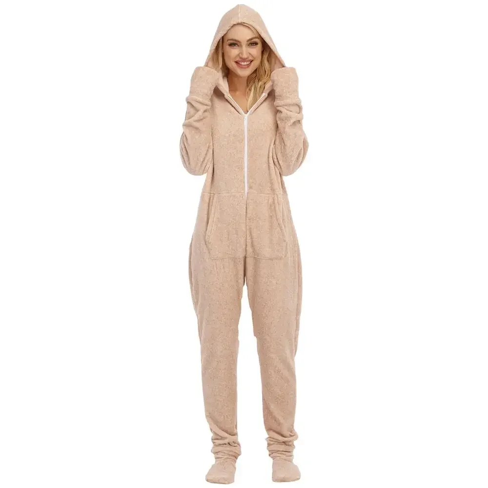 Jumpsuit Pyjamas For Adult Women Fluffy Fleece Sleepwear Winter Warm Onesies Solid Casual Foot Cover Overall Hood Rompers Sets