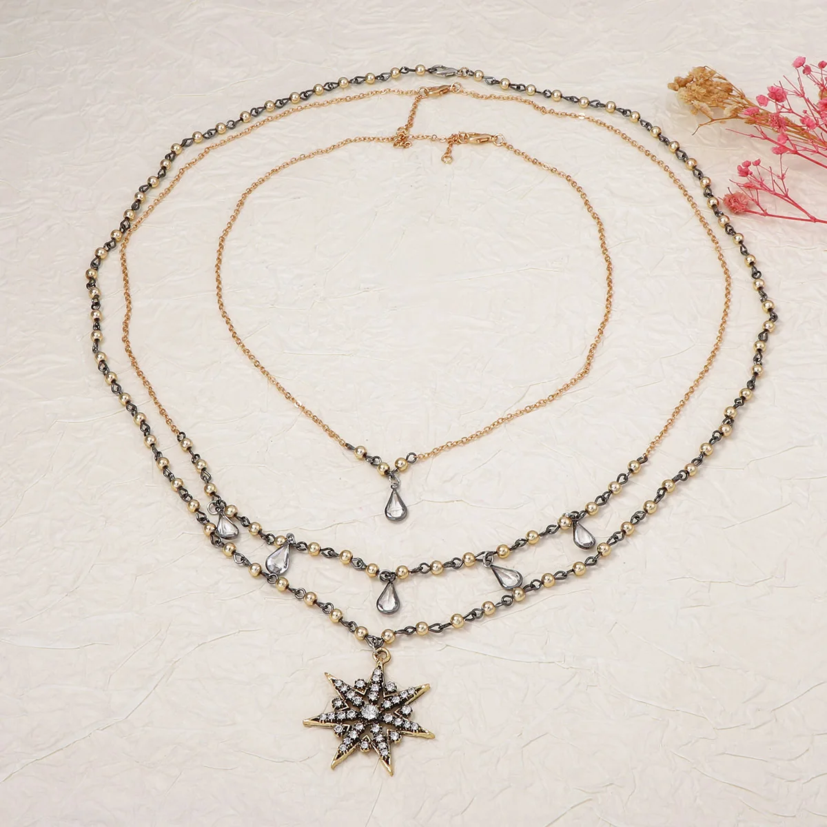 3-teiliges Set Vintage Metallperlen-Ketten Strass-Stern-Anhänger Halsketten für Damen Mode Urlaub Party Schmuck Geschenke – Detail 2