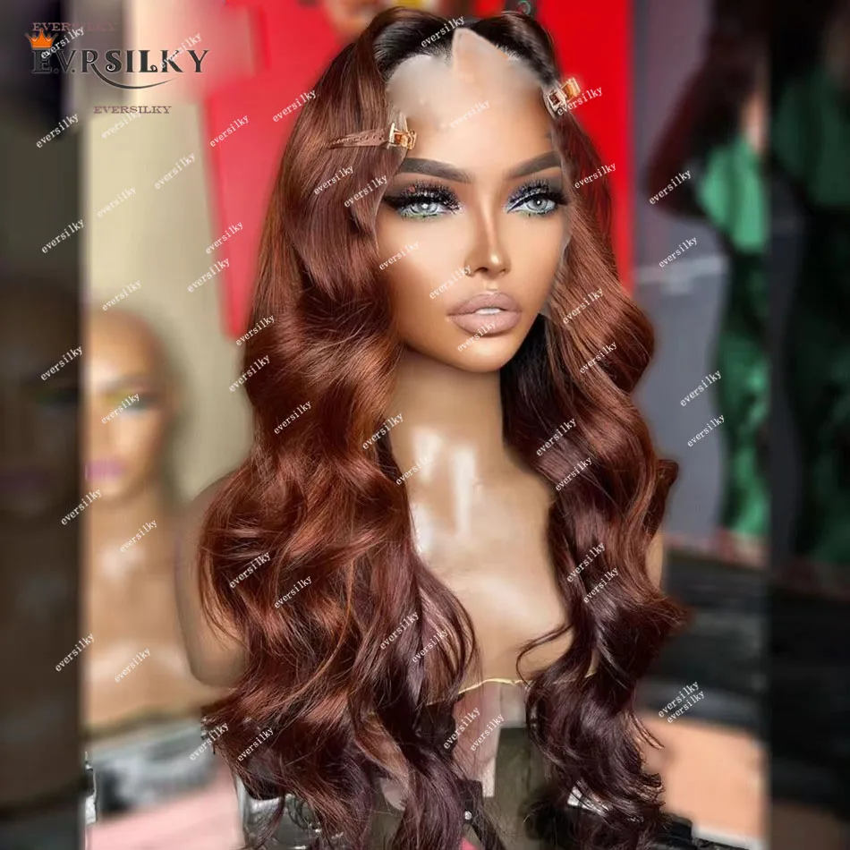 Ombre Ginger Reddish Brown Body Wave V Part Wig 100% Indian Human Hair No Leave Out & Clip/Combs Glueless U Shape Wigs Full End