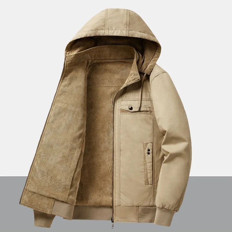 Men Reversible Hooded Jacket Cotton Shell Zip Front Regular Fit Casual Long Sleeve Coat with Pockets for Autumn Winter Wear