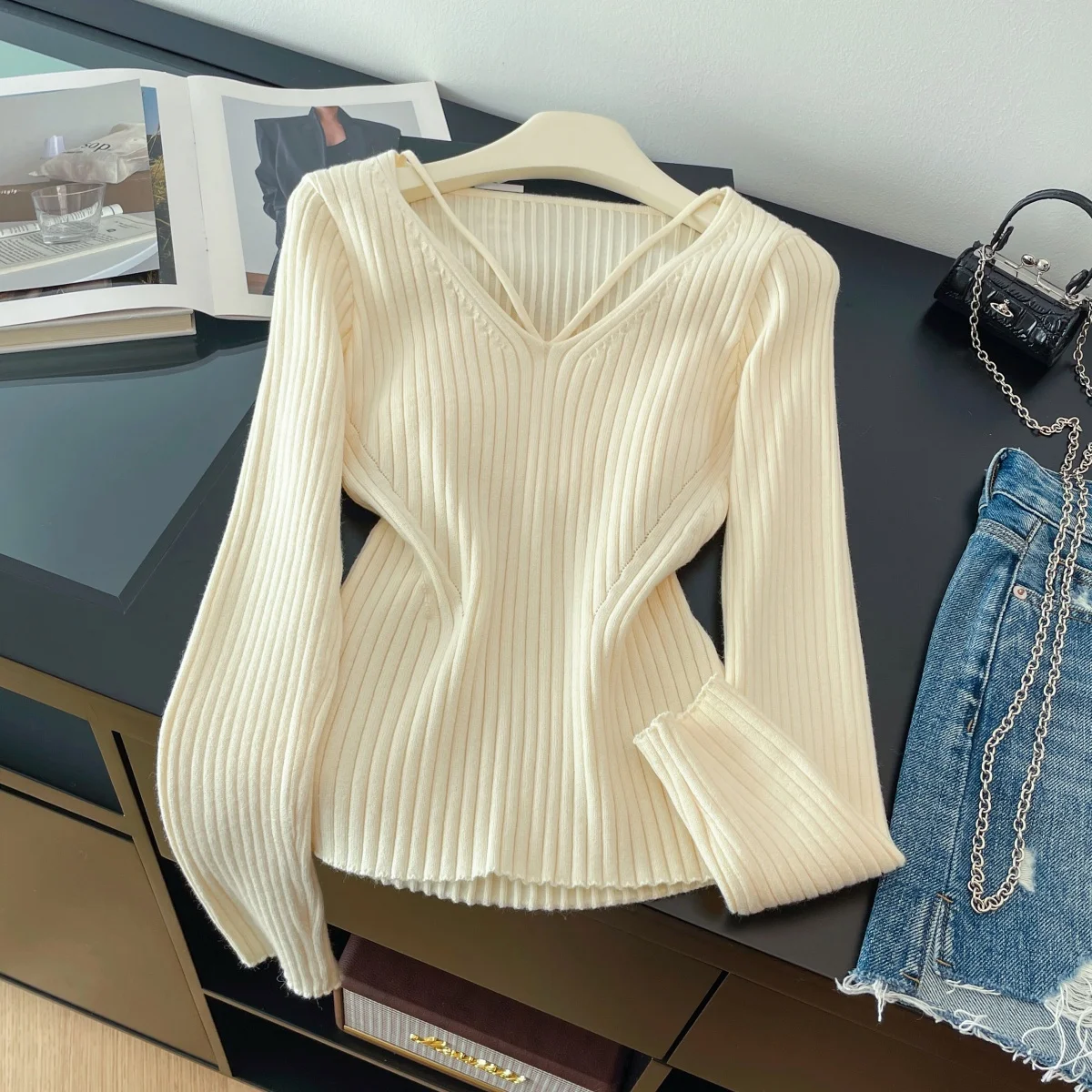 

Женский пуловер с v-образным вырезом, винтажный джемпер, вязаный кашемировый свитер с длинными рукавами для женщин, весенне-осенняя одежда 2000-х годов, 2025 г.