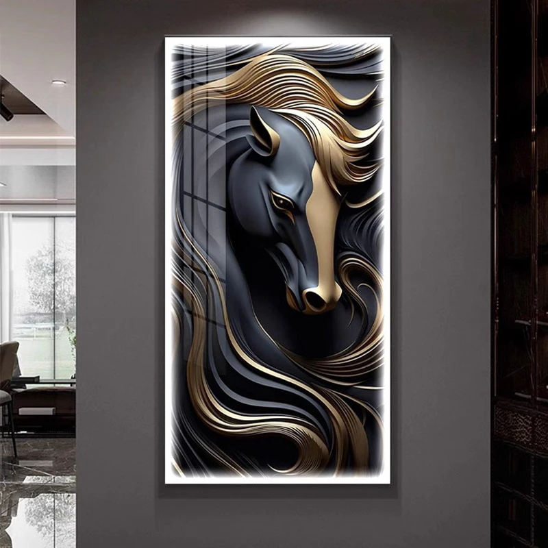 Modern Black Handsome Horse Luminous Indoor Painting Led Wall Lamp For Entry Hall Living Room Dining Room Abstract Decorative