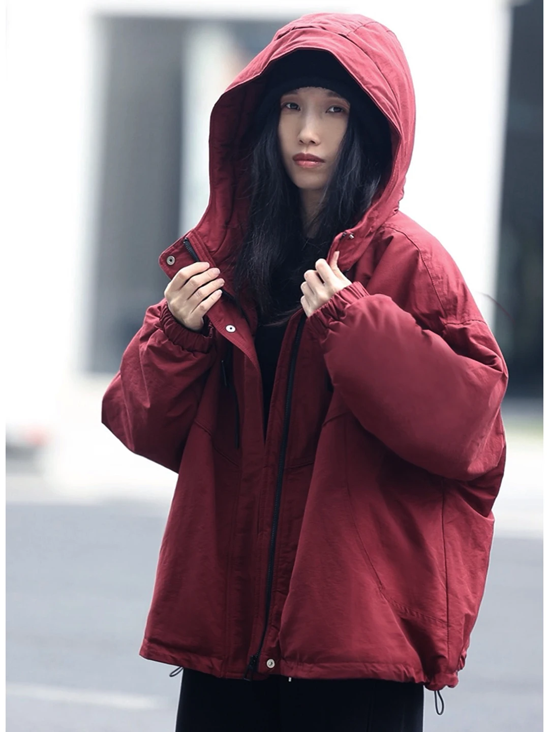 

Red Wine Color Winter New Hat Cotton Jaet ort Loose Women's Cotton Filled Windbreaker Casual Lazy Sle Zipper Closure