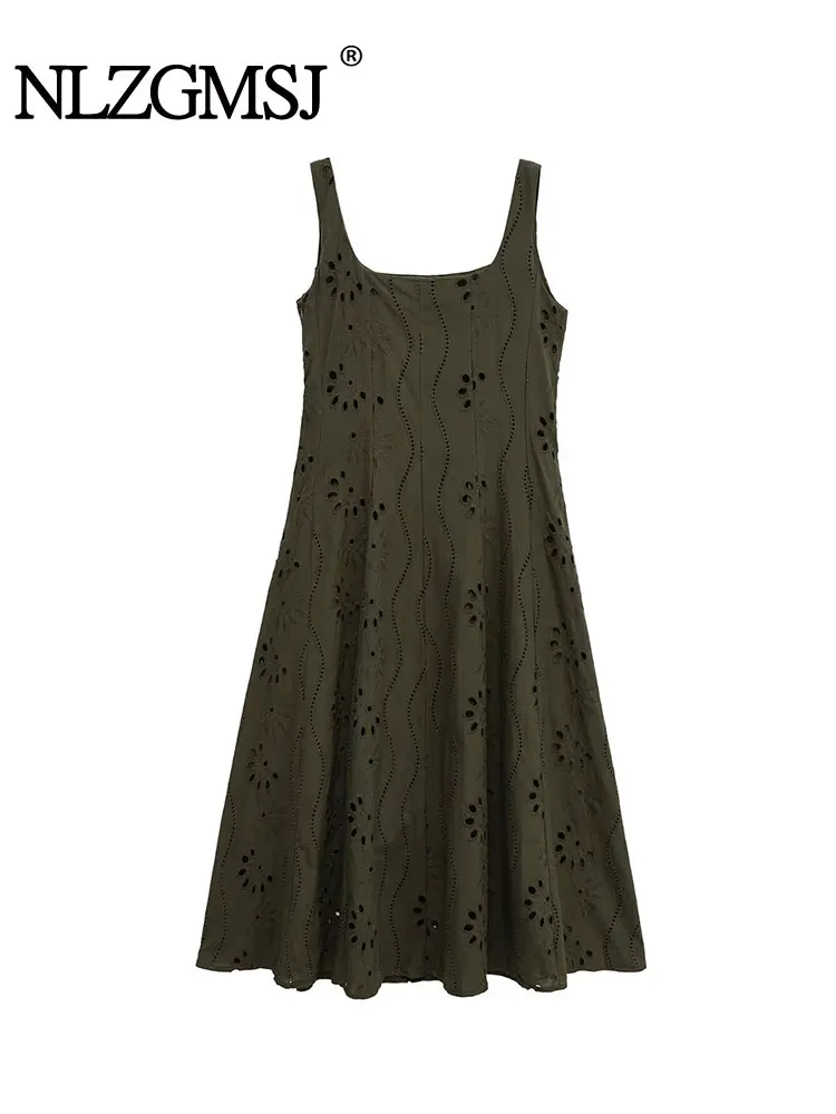 

NLZGMSJ 2025 Summer Embroidery Decoration Sleeveless Long Dress Casual Sling Midi Dresses For Women Fashion Vacation Dresses