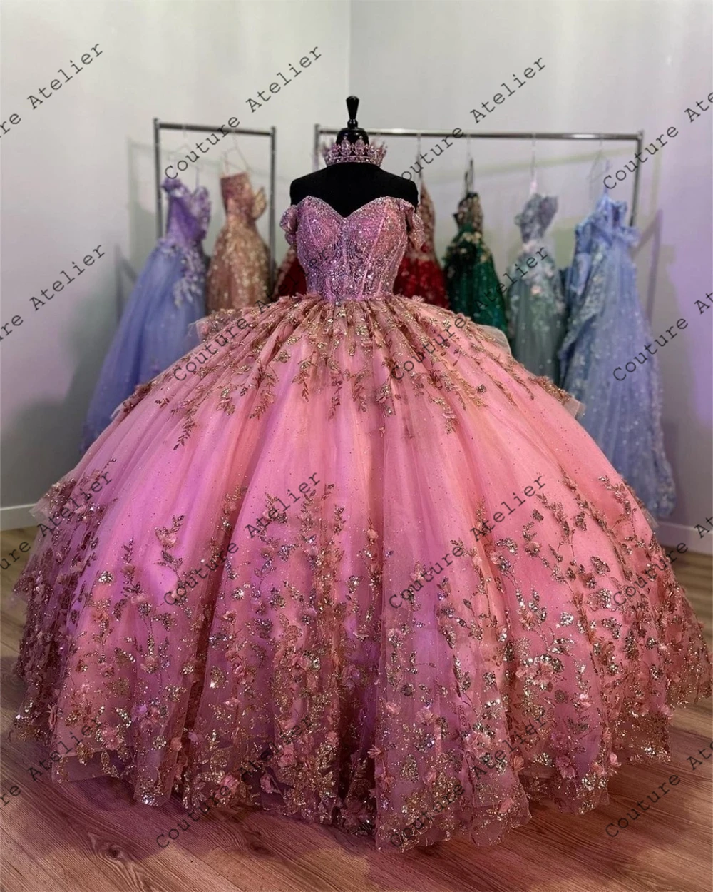 Vestido de quinceañera con apliques de flores brillantes, corsé rosa sin hombros, vestido de baile de princesa