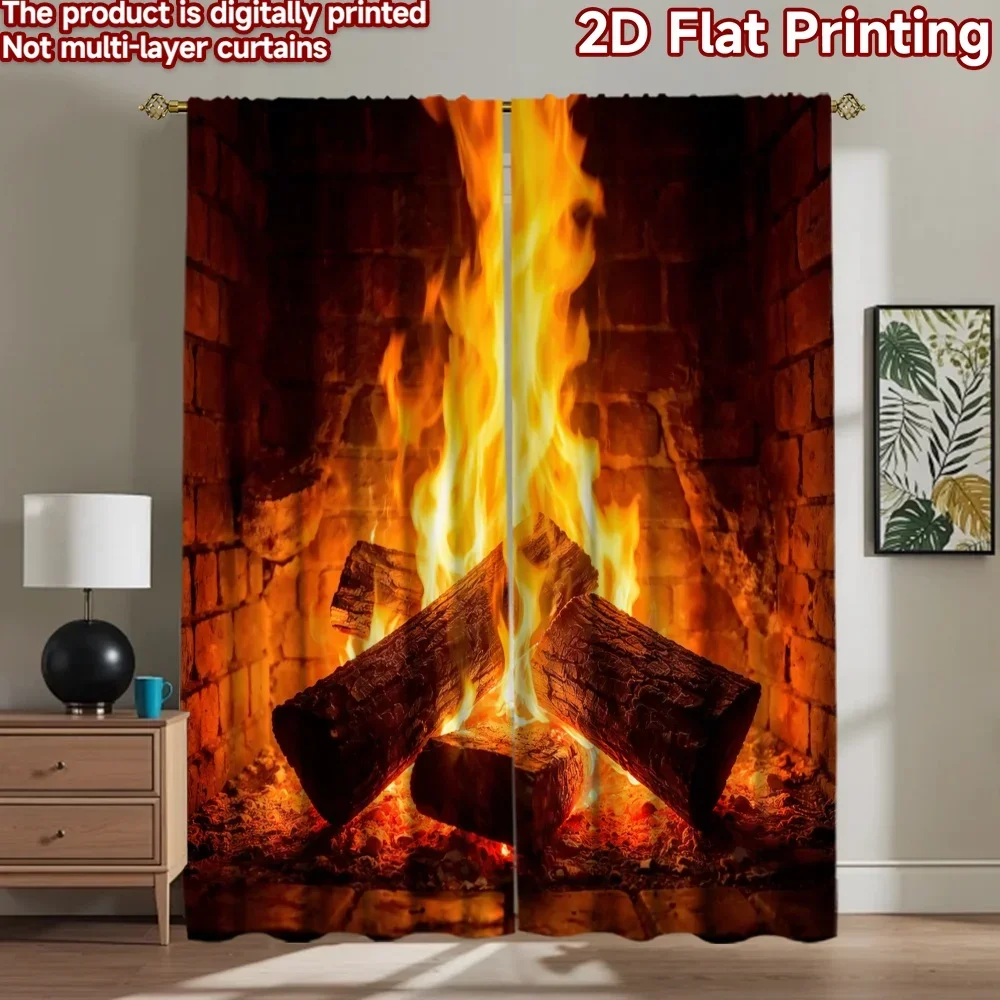 2pcs Fireplace Curtains Rustic Burning Logs Flame Drama Window Drapes Living Room Cozy Home Decor