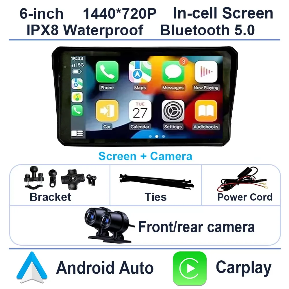 JIUYIN NEW 6'' Motorcycle DVR GPS navigator 2K Dash Cam Wireless Carplay Android Auto IPX8 Waterproof Moto Front Rear Camera
