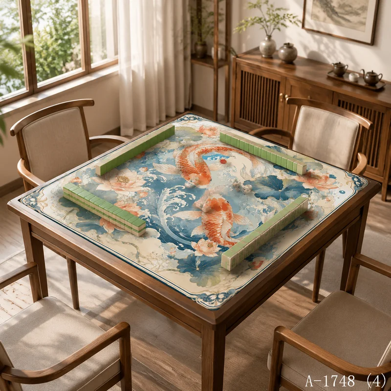 VIKAMA Lotus Double Koi Fish Mahjong Table Mat Non Slip Square Game Pad Classic Chinese Oriental Table Decor Pad