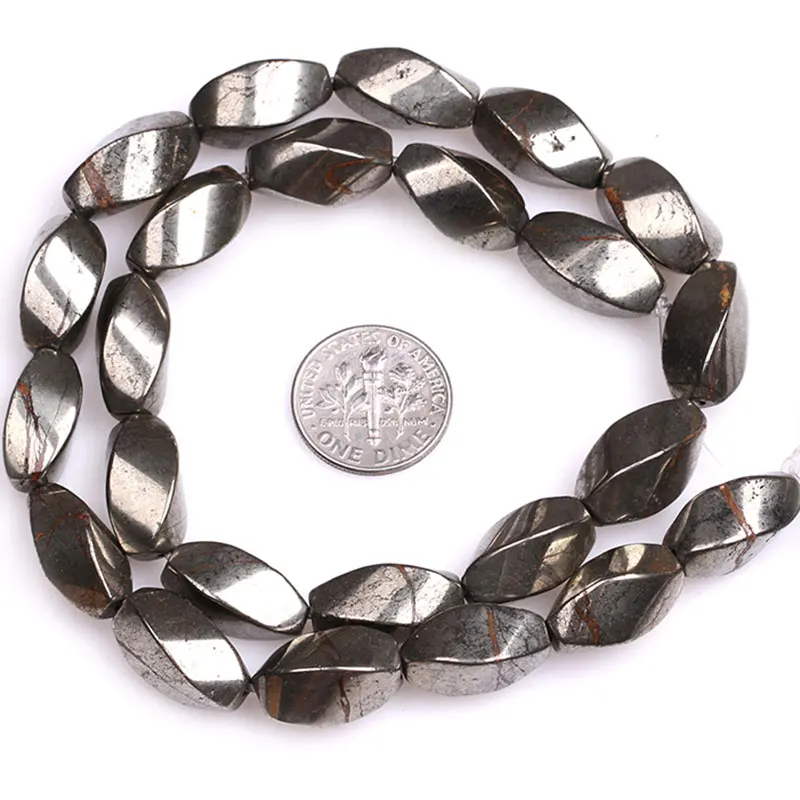 8x16mm Natural Gray Pyrite Gem stone Twist Beads For Jewelry Making Strand 15\