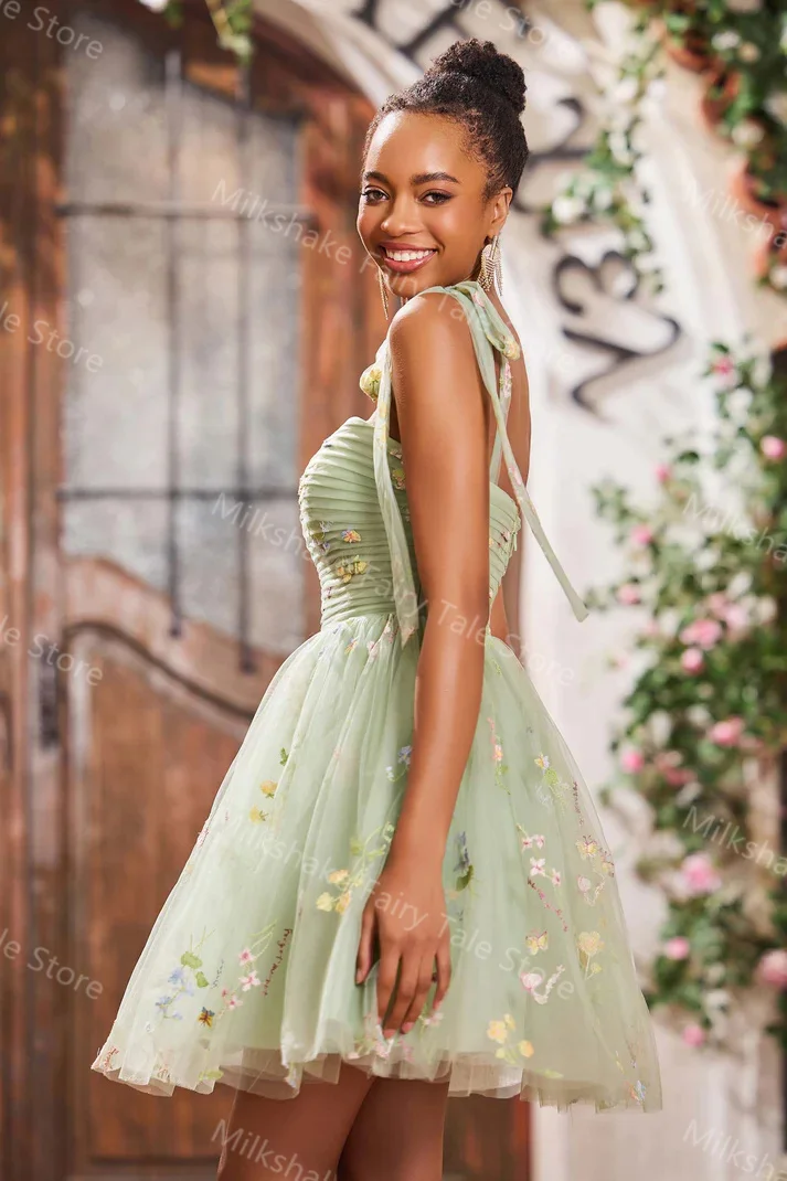 Verde uma linha feminina vestidos de cocktail renda tule sem mangas curto vestidos de baile sexy mini personalizado festa de baile saias convidados