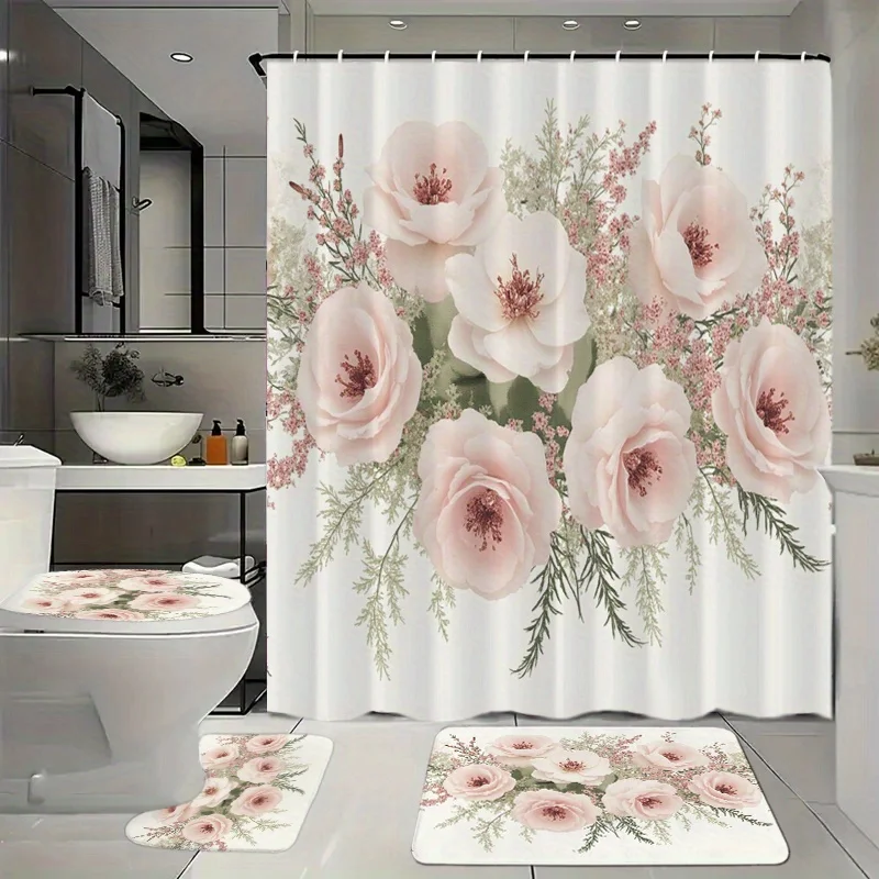 

4pcs Bathroom Set with Shower Curtain, 12 Hooks, Floor Mat, Toilet Seat Cover, and Decorative Accessories - Romantic Pink Rose