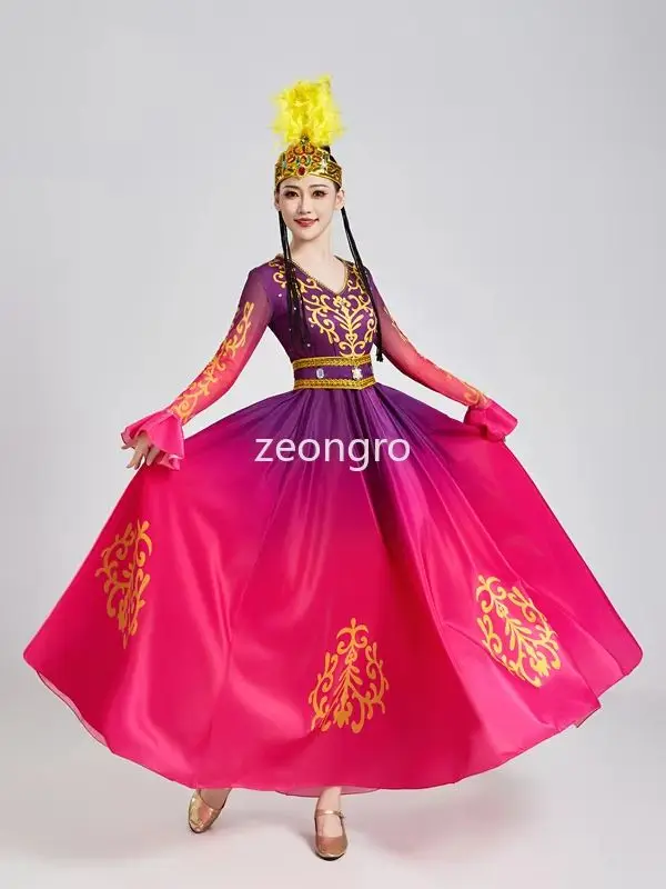 Neues Xinjiang-Tanzkleid für Damen, weiblich, erwachsener, urigurischer Tanz, Eröffnungstanz, großer Rock, ethnische Windleistung