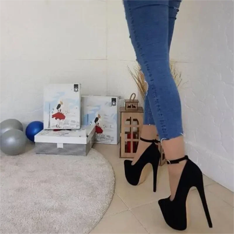 SHOFOO Fashionable women's high heels. Black/red/beige suede high heels. About 18cm heel height. Ankle buckle strap single shoes