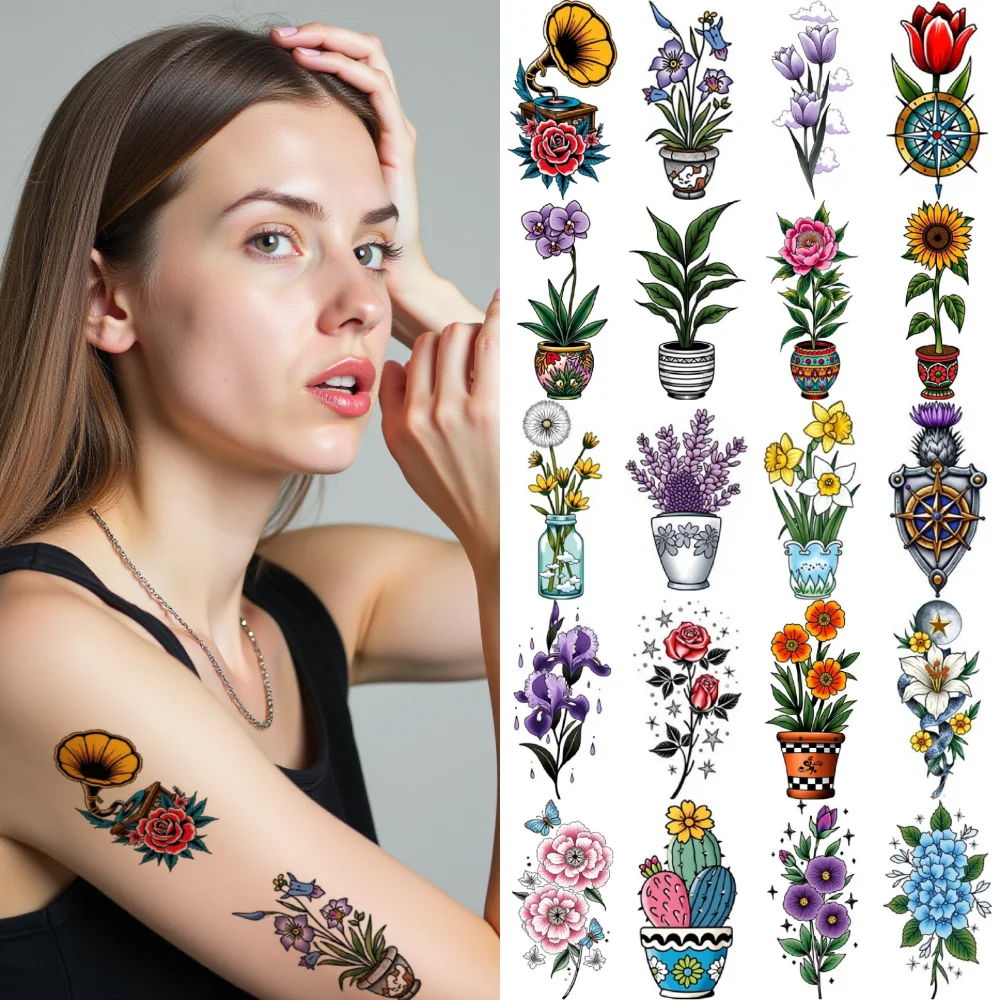 28pcs Temporary Tattoo New School Traditional  Compass Lily Rose For Shoulders Arms Women