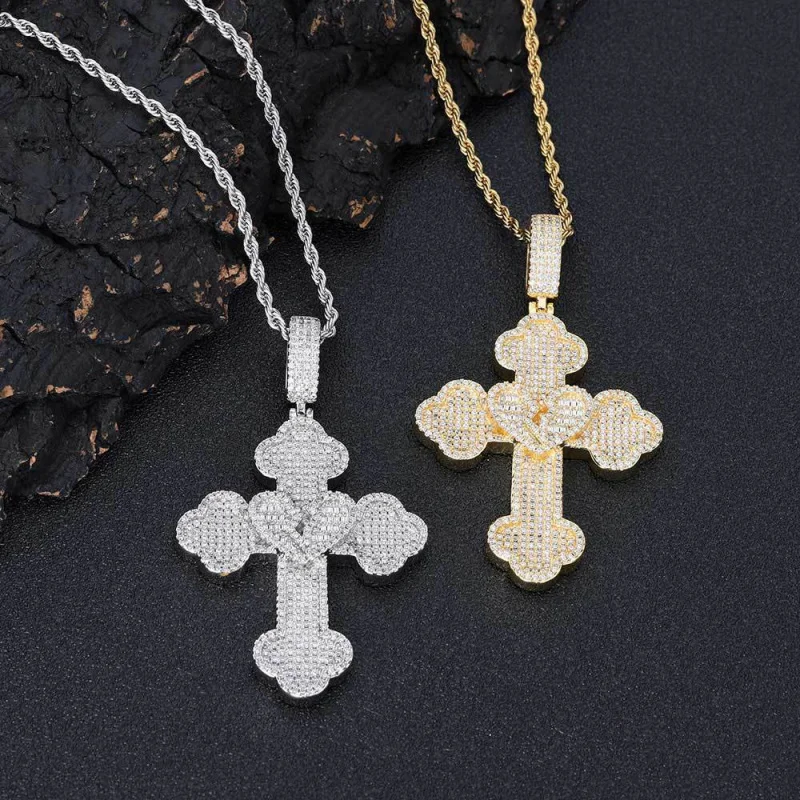 European Hip Hop Heartbroken Cross Pendant Men's Necklace Micro Inlaid Zircon Trendy All-Match Jewelry Accessories