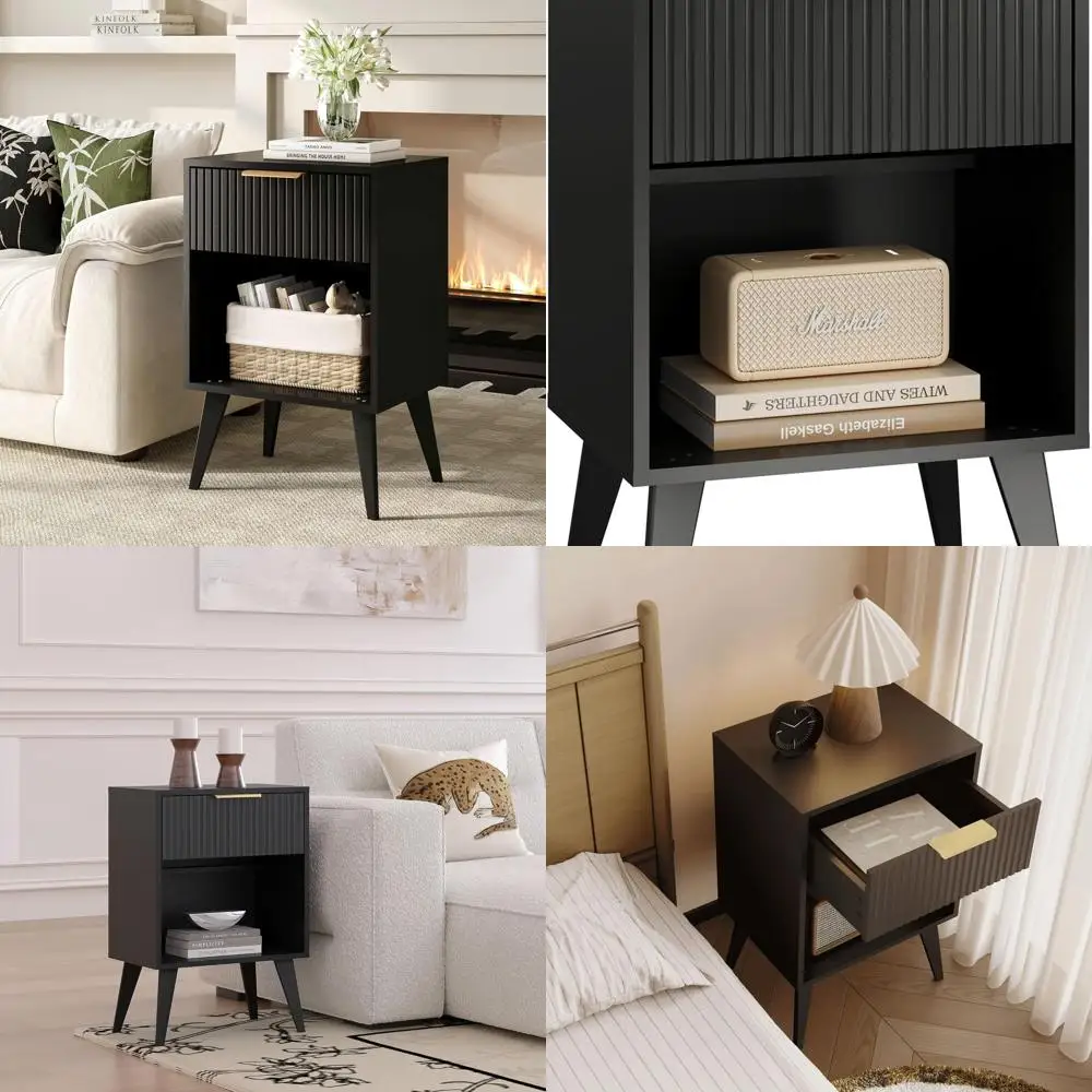 

Mid-Century Wood-Legged Black Nightstand with Drawer & Storage, 11.8x15.7x25.2