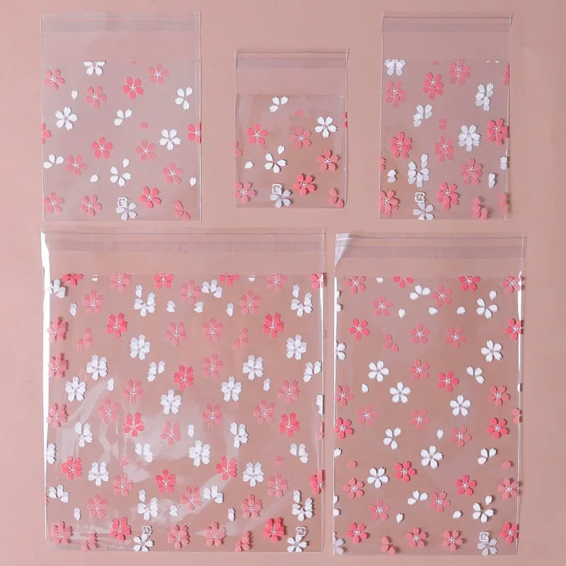 100pcs Pink Floral Print Self-sealing Bag, Opp Bags Romantic Transparent Small Gift Bag For Party Lovers Friends Gifts Packing