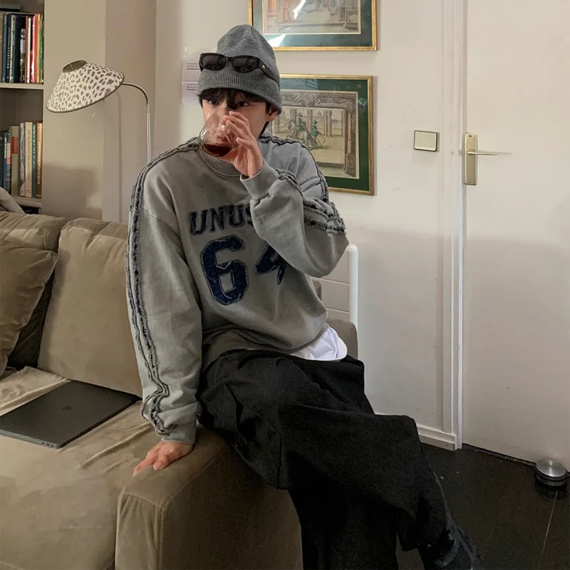 سويت شيرت رجالي مطرز بأحرف من القطن 100%، بلوزات رجالية مغسولة على الطراز الكوري، بلوفرات كاجوال كبيرة الحجم للرجال #3