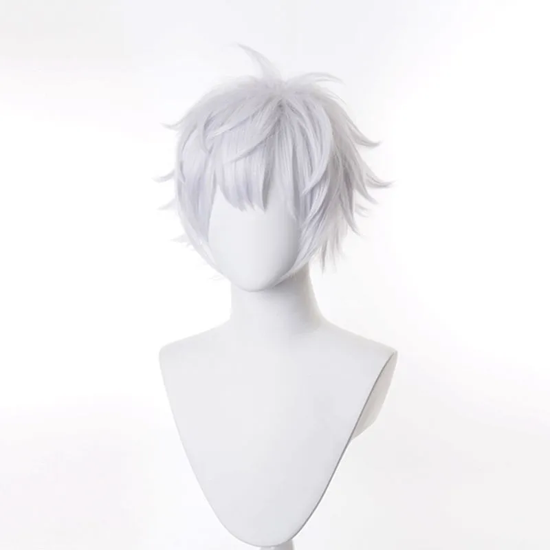 Five-jo gou peruca cosplay branca de seda de alta temperatura masculina curta virada peruca cosplay 2d
