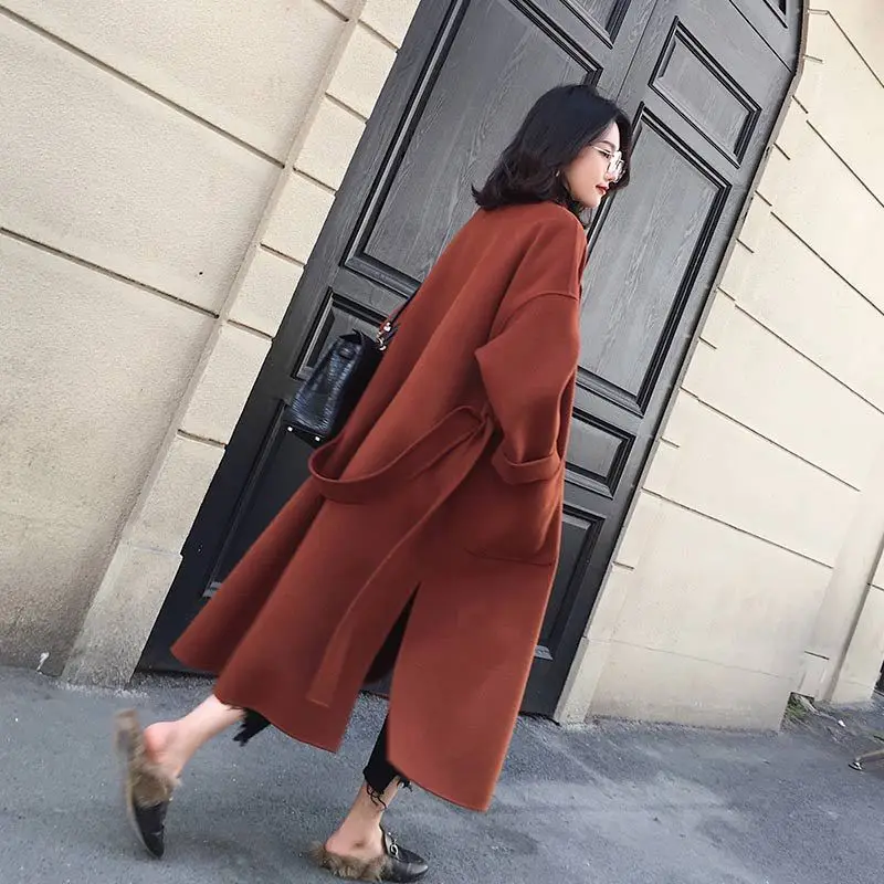 Women\'s Fashion Autumn/Winter New Slim Fit Waistband Flip Collar Woolen Coat